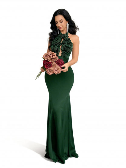 Stalluxe | Göttliches Abendkleid mit Blumenapplikationen, offenem Rücken und Meerjungfrauen-Schnitt Grün