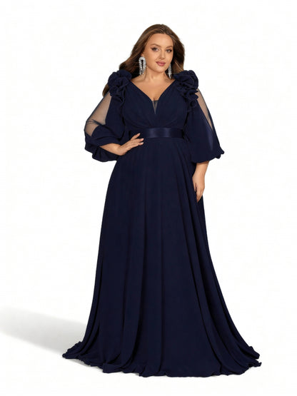 Stalluxe | Elegantes Chiffon-Maxikleid mit V-Ausschnitt Marineblau