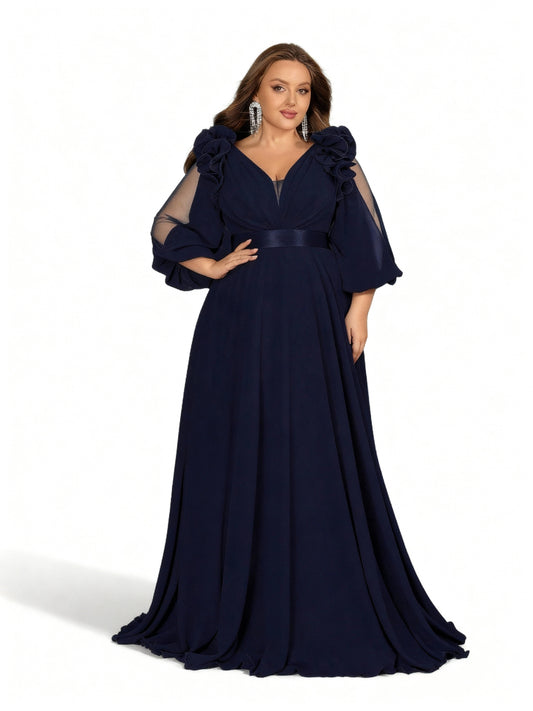 Stalluxe | Elegantes Chiffon-Maxikleid mit V-Ausschnitt Marineblau