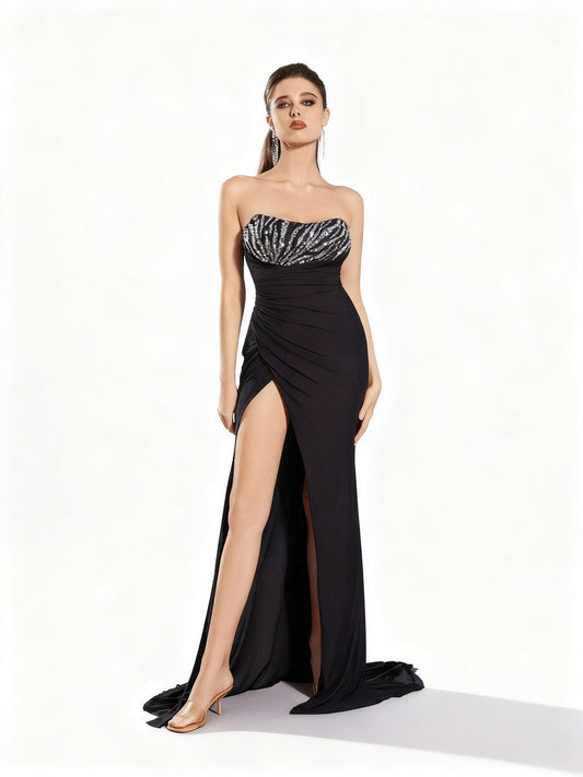 Stalluxe | Trägerloses Paillettenkleid mit Schlitz XL