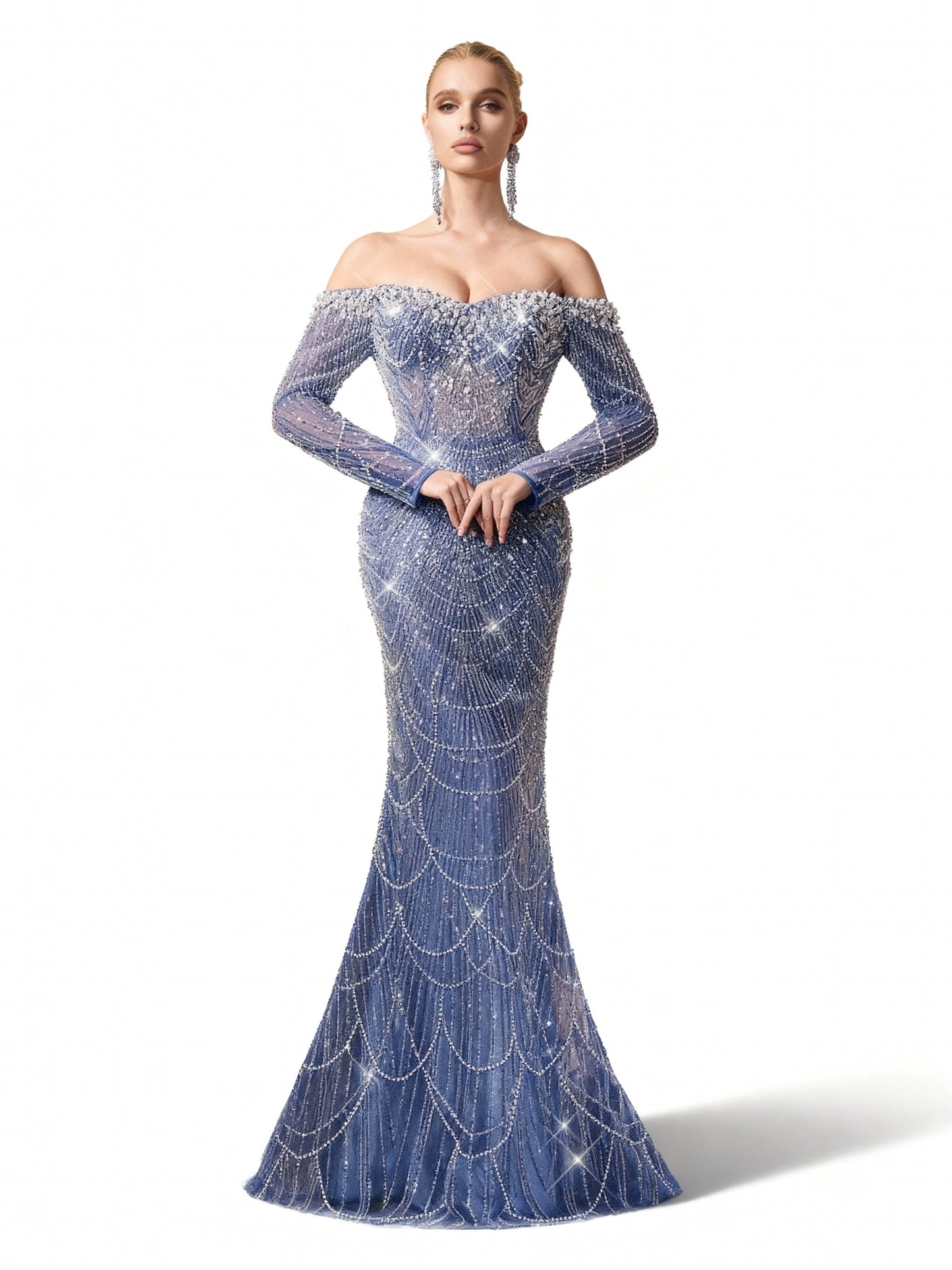 Stalluxe | Göttliches Abendkleid in Himmelblau mit Pailletten, schulterfreiem Schnitt und Meerjungfrauen-Design Trübes Blau