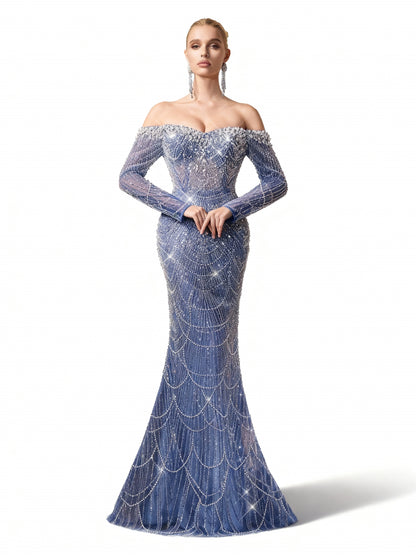 Stalluxe | Göttliches Abendkleid in Himmelblau mit Pailletten, schulterfreiem Schnitt und Meerjungfrauen-Design Trübes Blau