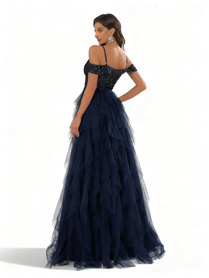 Stalluxe | Blaues Trägerloses Mesh-Abendkleid mit Falten für den Abschlussball