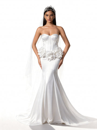 Stalluxe | Weißes Trägerloses Kleid mit Applikationen im Meerjungfrauenstil