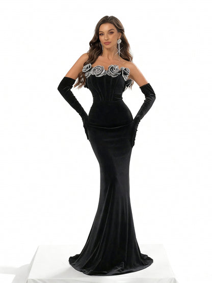 Stalluxe | Blumenverziertes Trägerloses Kleid mit Fischschwanz-Saum XL