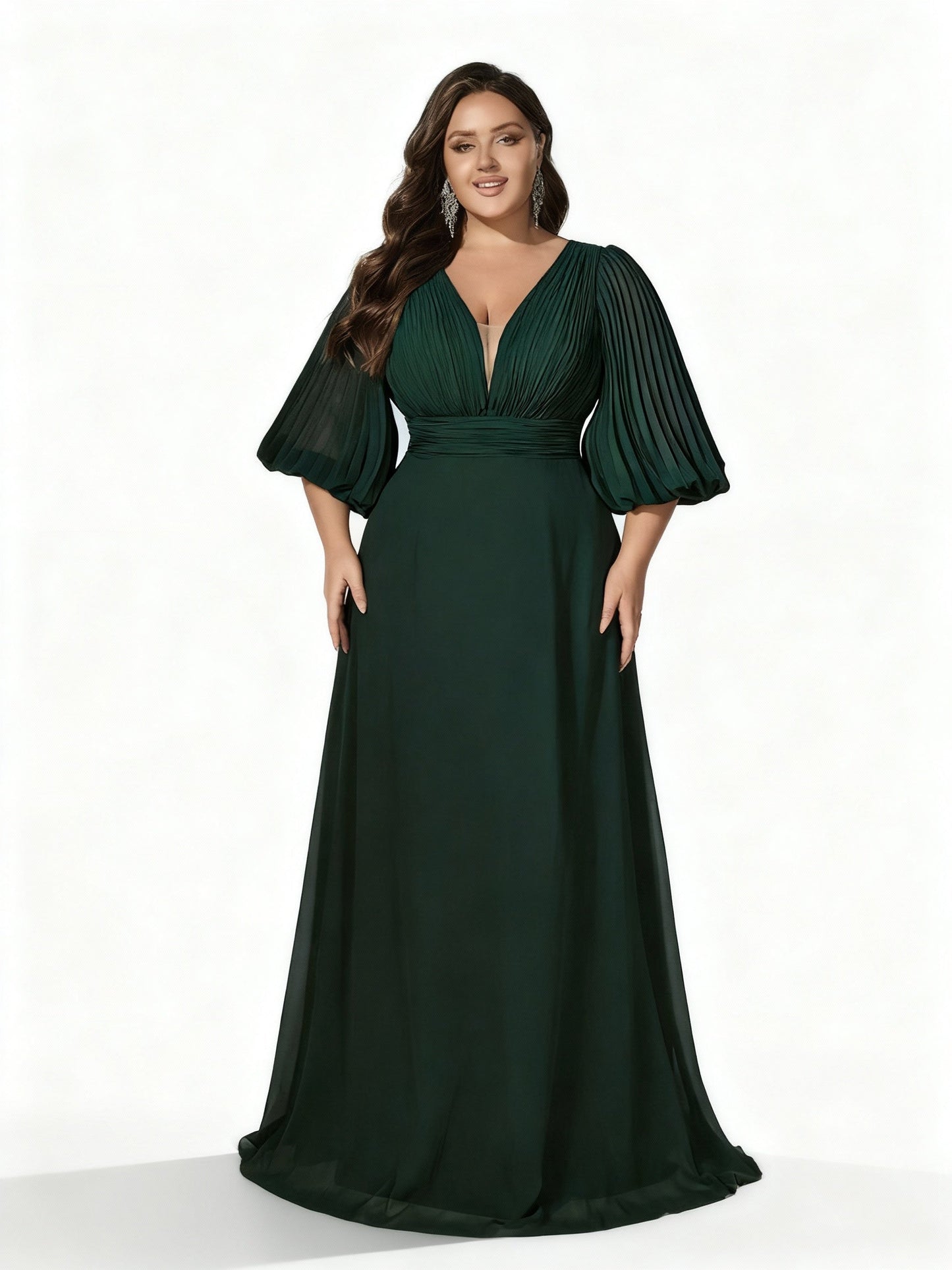 Stalluxe | Dunkelgrünes Abendkleid mit Laternenärmeln und Tiefem V-Ausschnitt 5XL