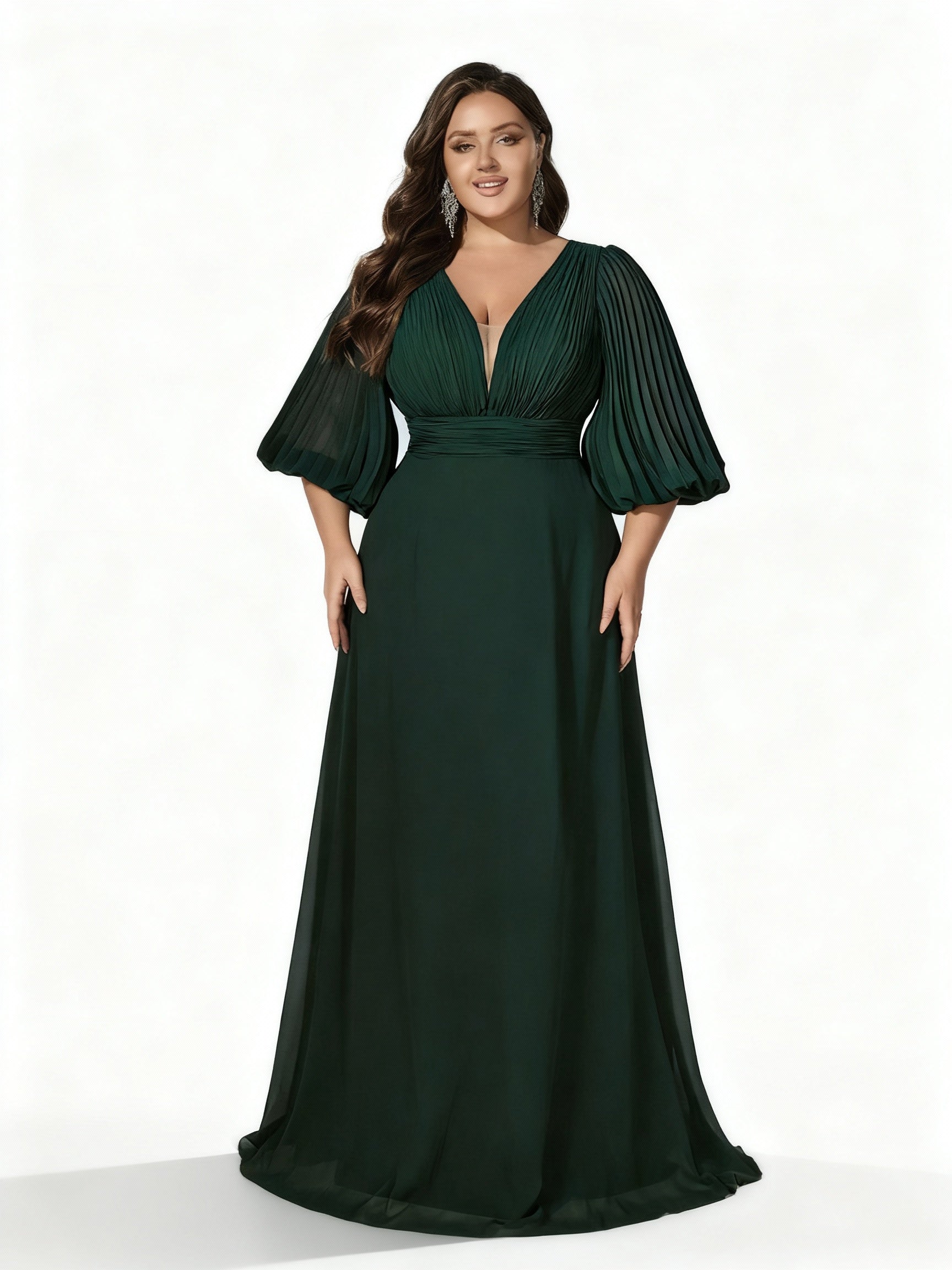 Stalluxe | Dunkelgrünes Abendkleid mit Laternenärmeln und Tiefem V-Ausschnitt 5XL