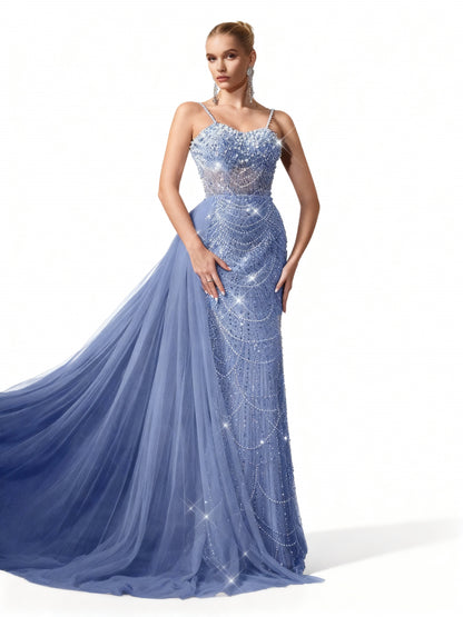 Stalluxe | Perlenbesetztes Kleid mit Spaghettiträgern im Meerjungfrauenstil Trübes Blau
