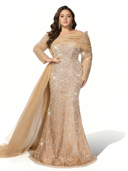 Stalluxe | Glamouröses Abendkleid in Champagner mit Pailletten, langen Ärmeln und Meerjungfrauen-Saum in Übergröße