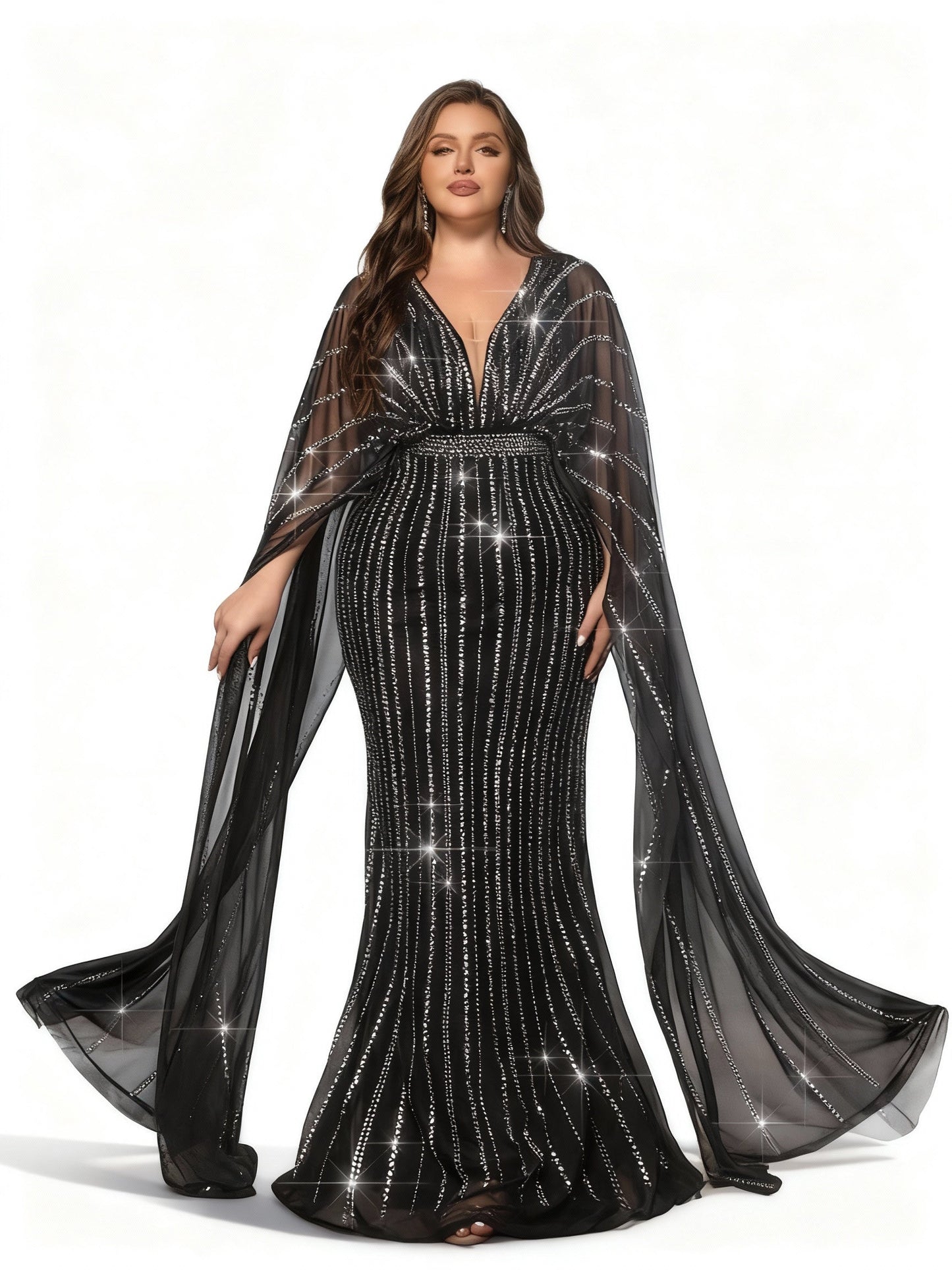 Stalluxe | Schwarzes Abendkleid in Übergröße mit Strass, Mesh und Fledermausärmeln