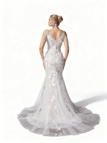 Stalluxe | Elegantes Ärmelloses Hochzeitskleid mit Mesh und Pailletten im Tiefen V-Ausschnitt