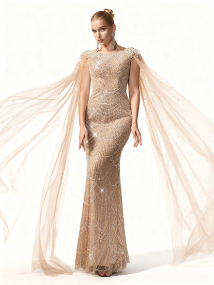 Stalluxe | Champagnerfarbenes Netzkleid mit Perlenverzierung