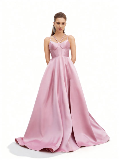 Stalluxe | Rosafarbenes Neckholderkleid mit Schlitz XL