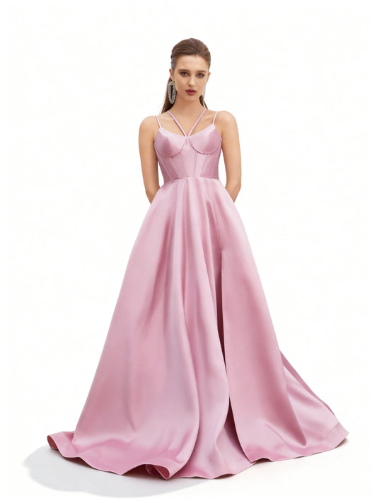 Stalluxe | Rosafarbenes Neckholderkleid mit Schlitz XL