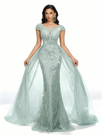 Stalluxe | Champagnerfarbenes Paillettenkleid mit Rundhalsausschnitt Mintblau