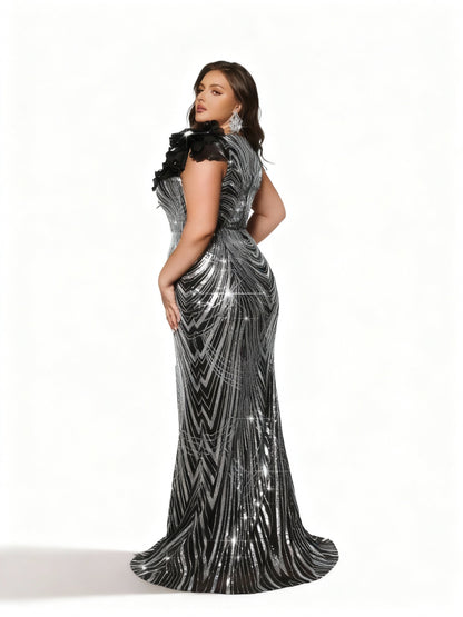 Stalluxe | Schwarzes Party-Abendkleid mit Pailletten und Kontrastkragen