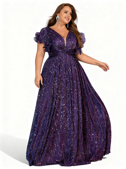 Stalluxe | Abendkleid in Lila mit Falten, Rüschen und kurzen Ärmeln in Übergröße