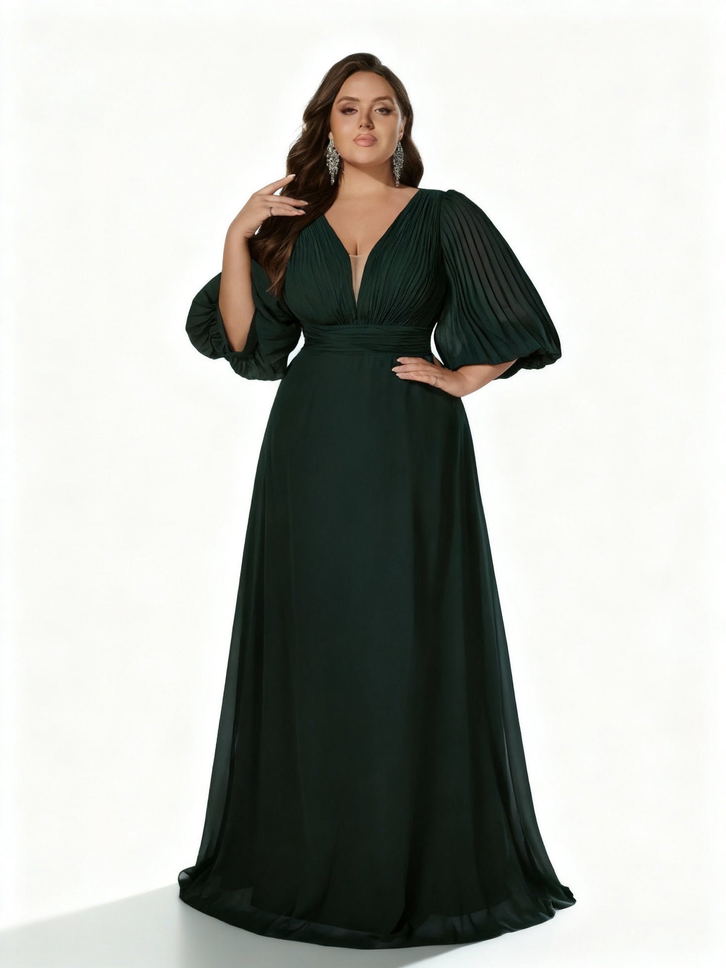 Stalluxe | Dunkelgrünes Abendkleid mit Laternenärmeln und Tiefem V-Ausschnitt