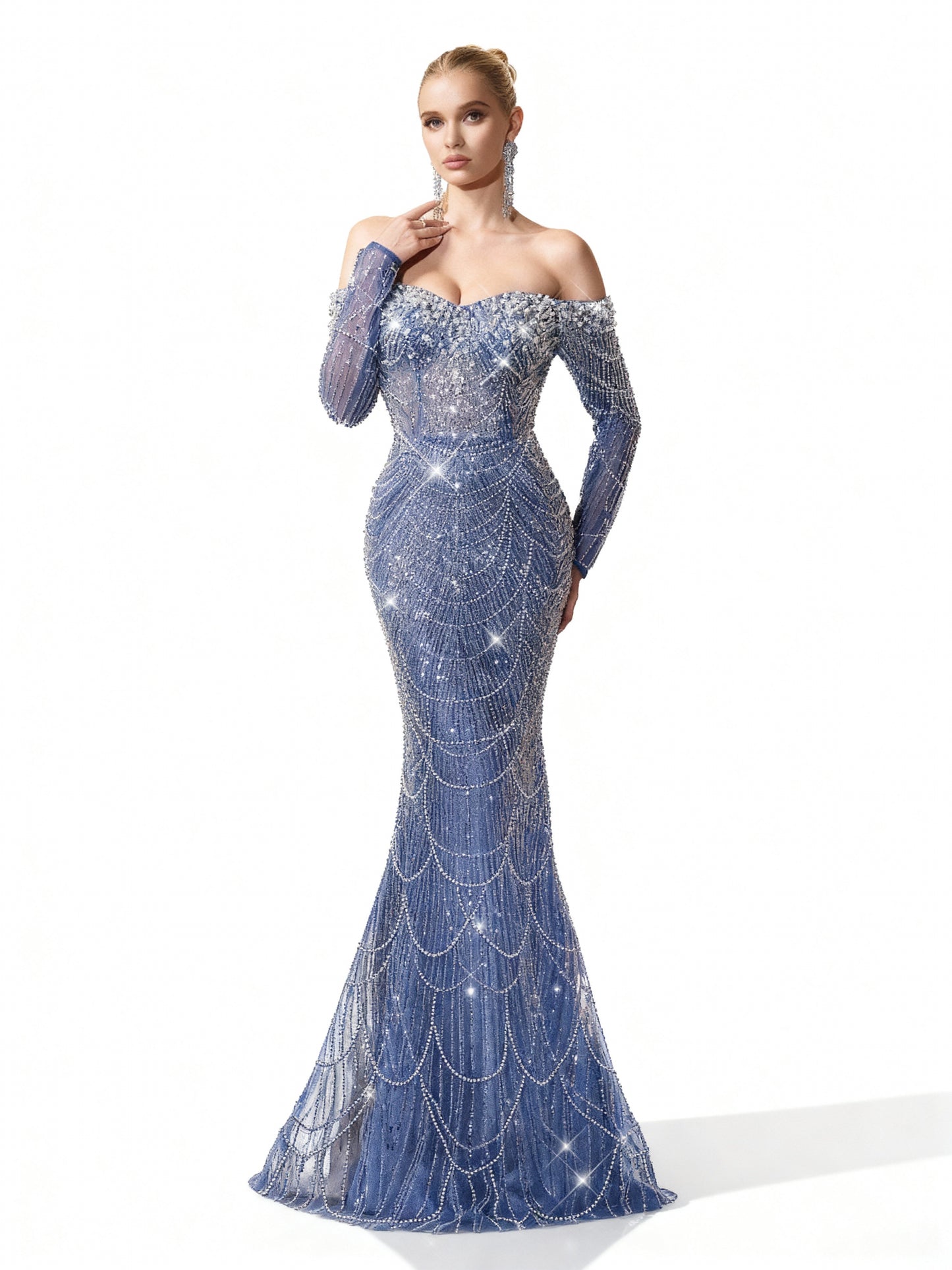 Stalluxe | Göttliches Abendkleid in Himmelblau mit Pailletten, schulterfreiem Schnitt und Meerjungfrauen-Design