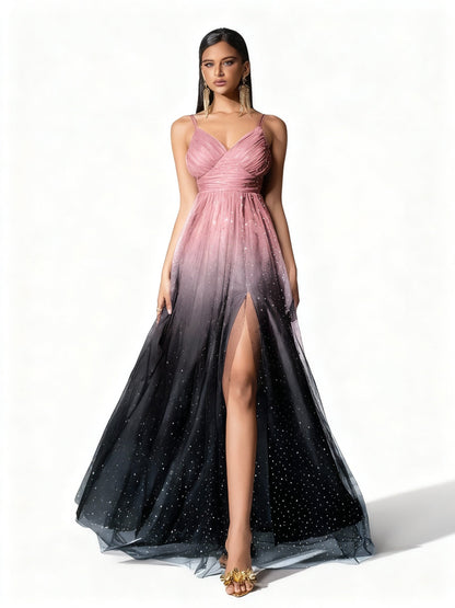 Stalluxe | Abendkleid mit Farbverlauf, Mesh und Schlitz XL