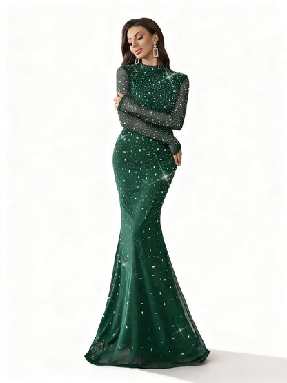 Stalluxe | Strasskleid mit Stehkragen und Fischschwanz Dunkelgrün