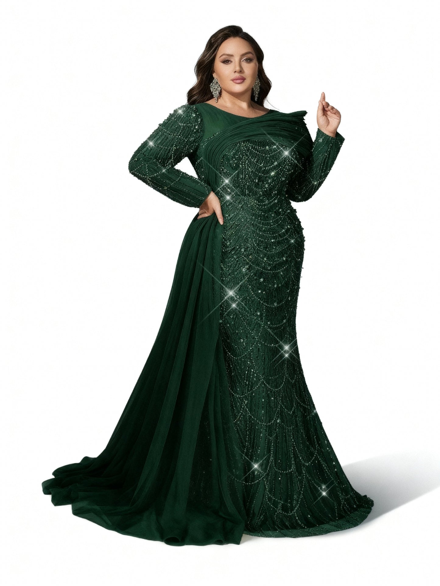 Stalluxe | Glamouröses Abendkleid in Champagner mit Pailletten, langen Ärmeln und Meerjungfrauen-Saum in Übergröße Dunkelgrün