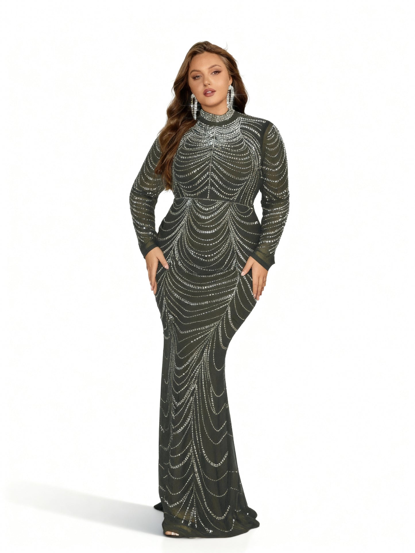 Stalluxe | Strasskleid in Großen Größen mit Fischschwanz Olivgrün