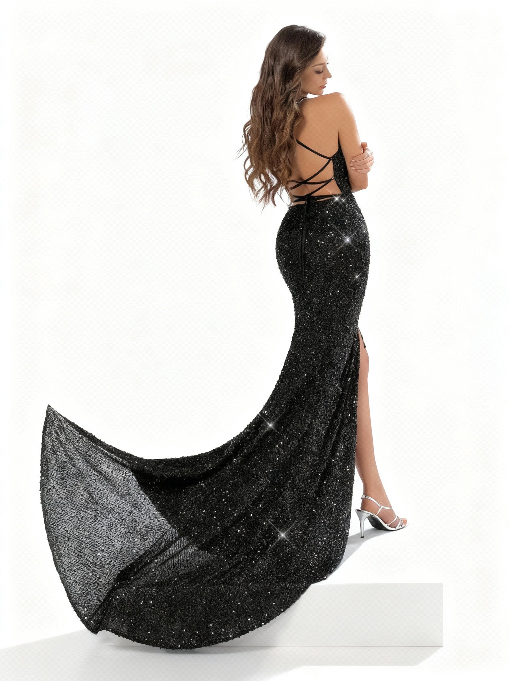 Stalluxe | Schwarzes Rückenfreies Kleid mit Tiefem V-Ausschnitt