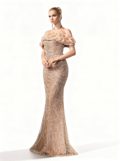 Stalluxe | Champagnerfarbenes Schulterfreies Paillettenkleid XL