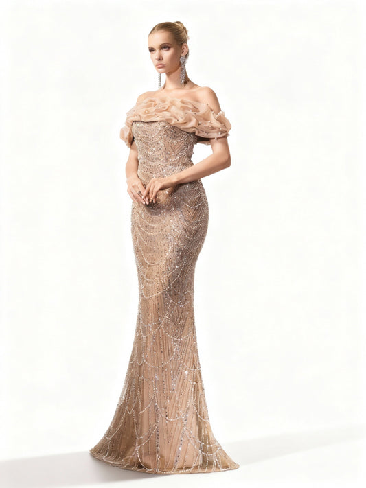 Stalluxe | Champagnerfarbenes Schulterfreies Paillettenkleid XL