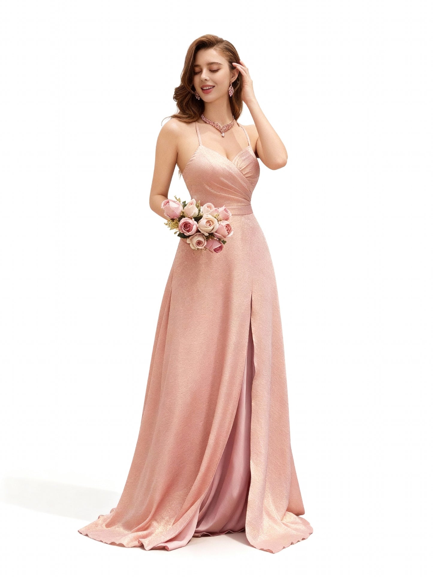 Stalluxe | Elegantes Brautjungfernkleid mit Spaghettiträgern, offenem Rücken und Beinschlitz