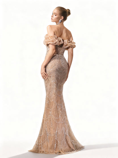 Stalluxe | Champagnerfarbenes Schulterfreies Paillettenkleid