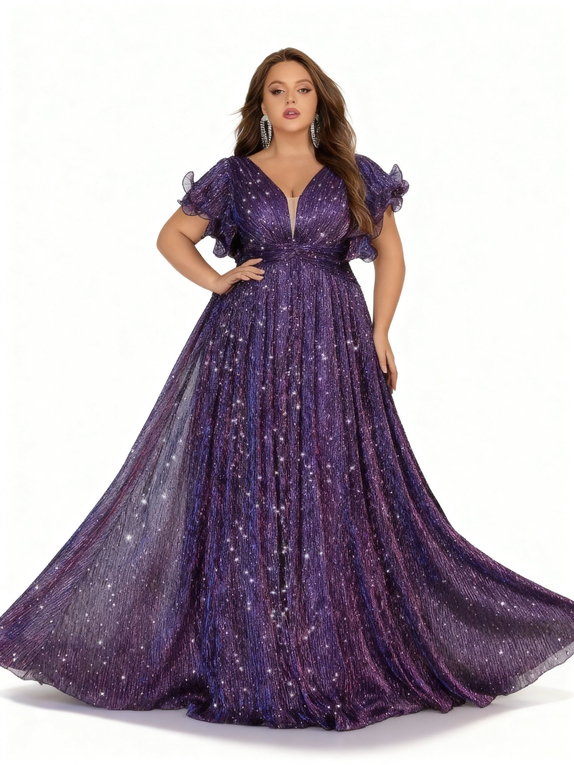 Stalluxe | Abendkleid in Lila mit Falten, Rüschen und kurzen Ärmeln in Übergröße