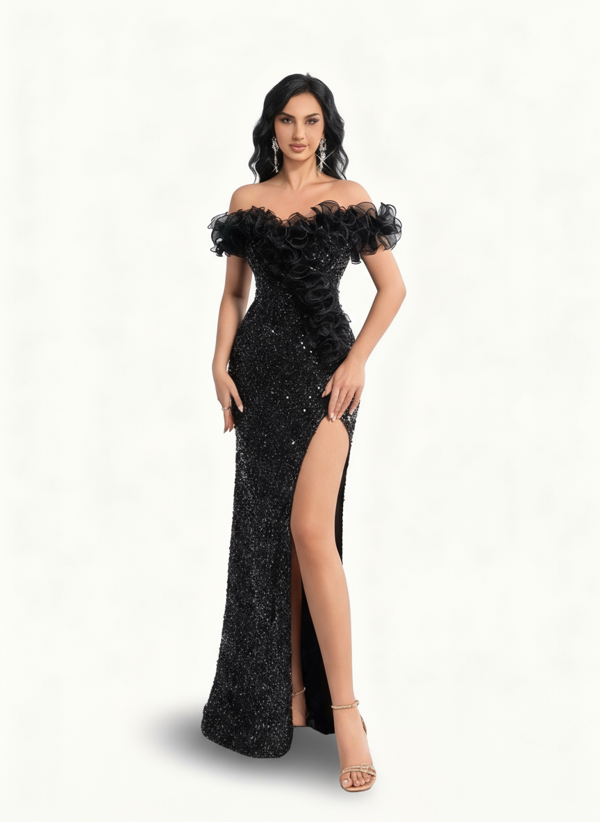 Stalluxe | Elegantes schwarzes schulterfreies Rüschenkleid mit Pailletten