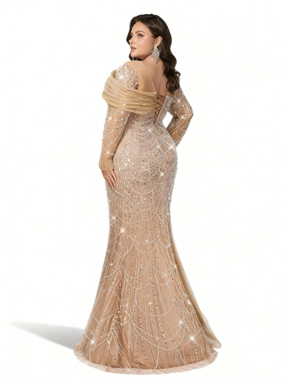 Stalluxe | Glamouröses Abendkleid in Champagner mit Pailletten, langen Ärmeln und Meerjungfrauen-Saum in Übergröße