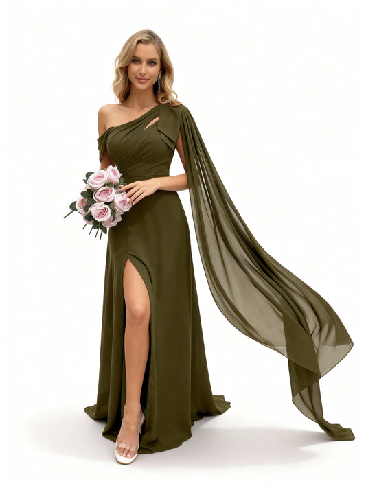 Stalluxe | Chiffonkleid mit Schlitz und Flügelärmeln Olivgrün