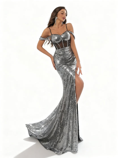 Stalluxe | Glamouröses Metallic-Paillettenkleid ohne Träger mit Hohem Schlitz XL