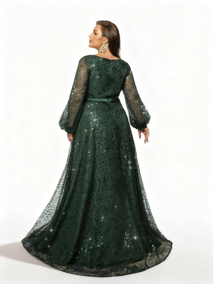 Stalluxe | Elegantes dunkelgrünes Paillettenkleid mit Laternenärmeln in Übergröße