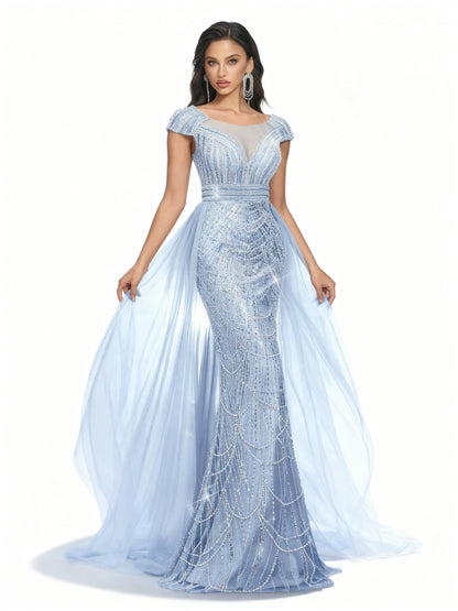 Stalluxe | Champagnerfarbenes Paillettenkleid mit Rundhalsausschnitt Hellblau