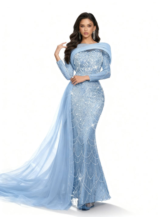 Stalluxe | Champagnerfarbenes Perlenkleid mit Langen Ärmeln Mintblau