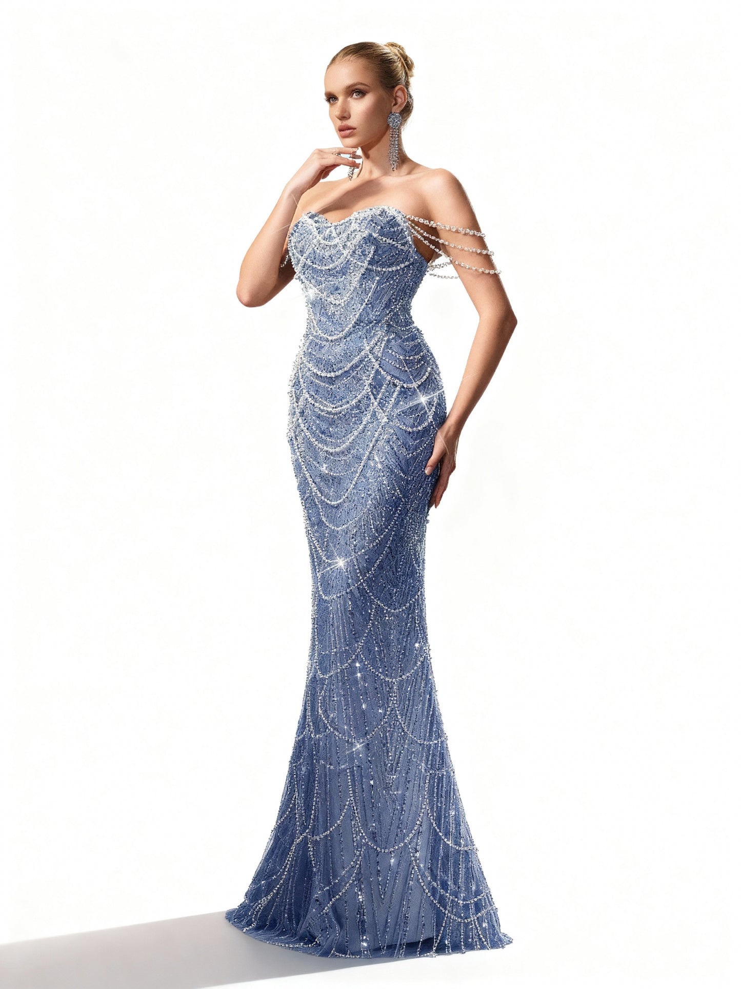 Stalluxe | Perlenverziertes Kleid mit Einer Schulter in Bodenlänge Dunstblau