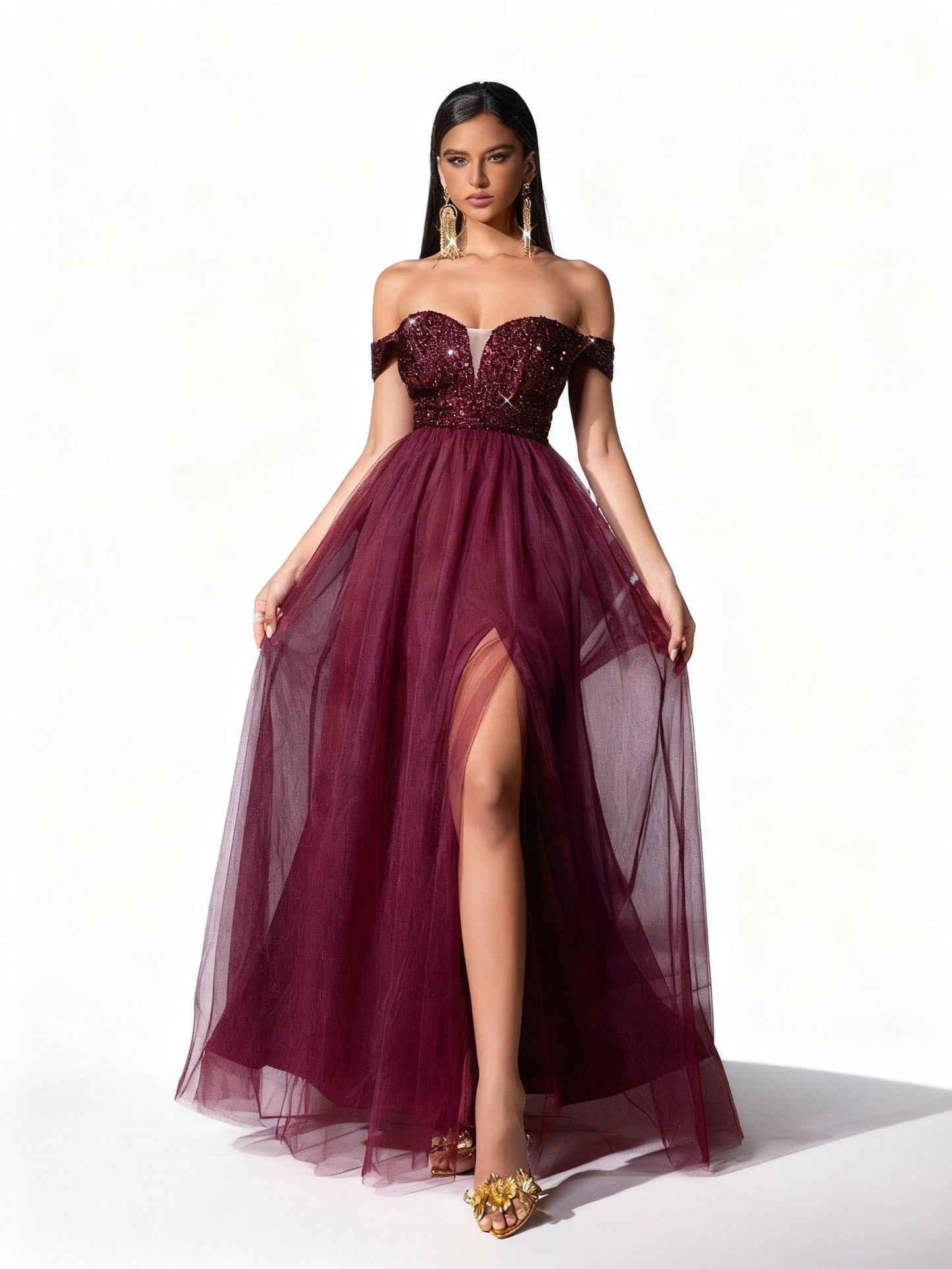 Stalluxe | Burgunderfarbenes Einseitiges Paillettenkleid aus Mesh Weinrot