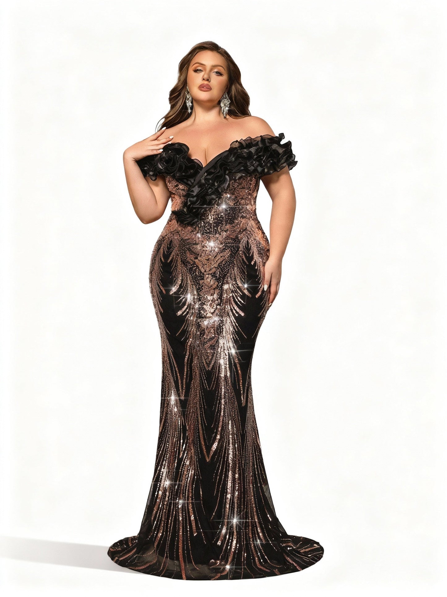 Stalluxe | Schwarzes Blumenmuster-Abendkleid in Meerjungfrauenform in Übergröße