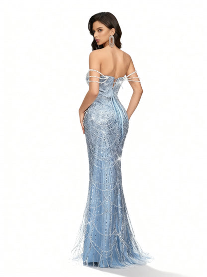 Stalluxe | Perlenverziertes Kleid mit Einer Schulter in Bodenlänge Hellblau