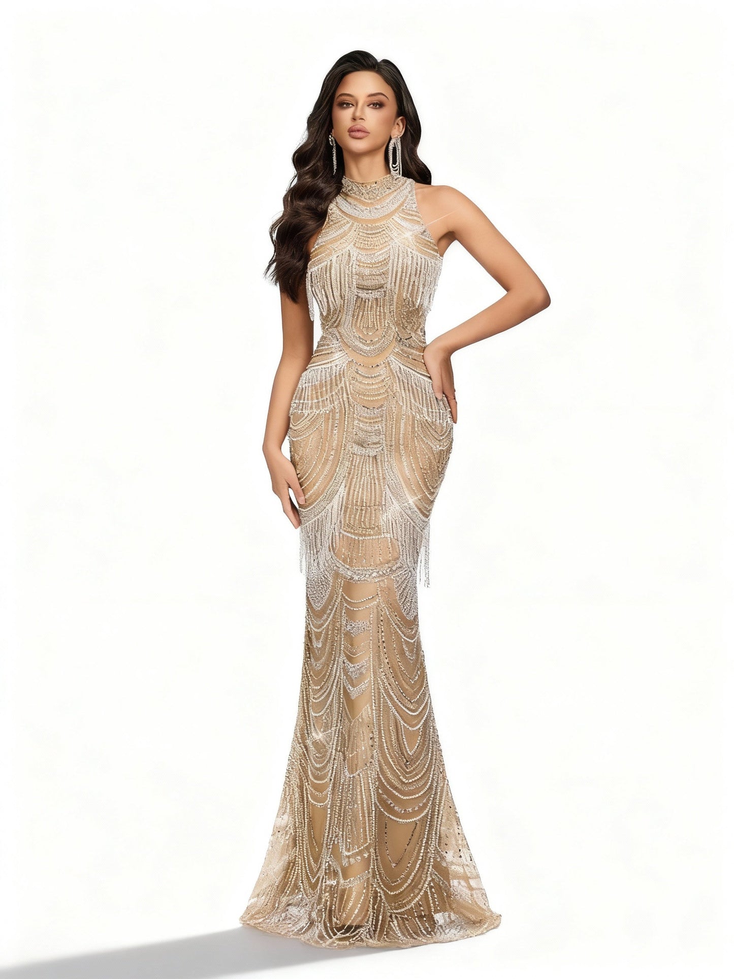 Stalluxe | Champagnerfarbenes Paillettenkleid mit Halter-Ausschnitt