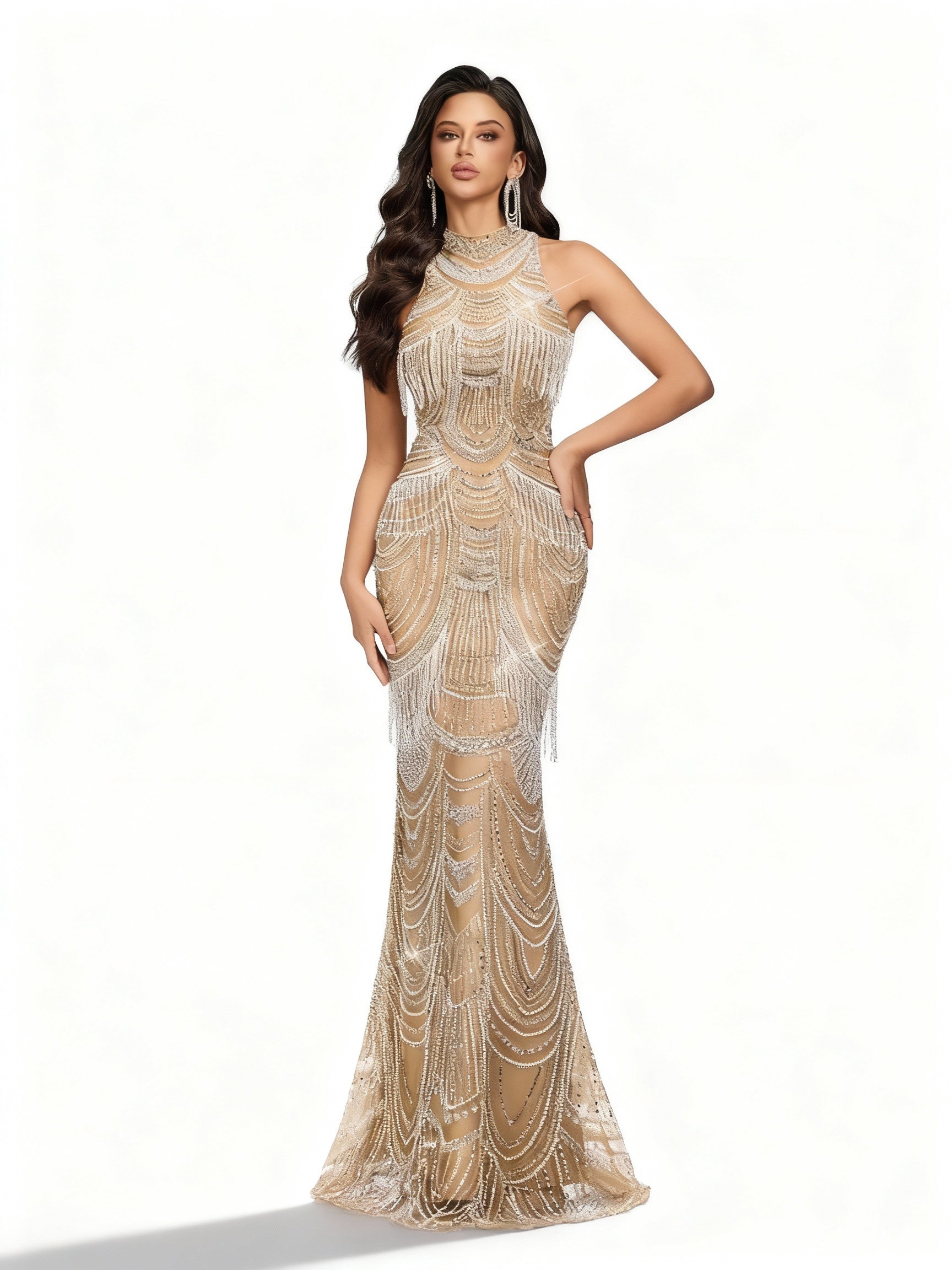 Stalluxe | Champagnerfarbenes Paillettenkleid mit Halter-Ausschnitt