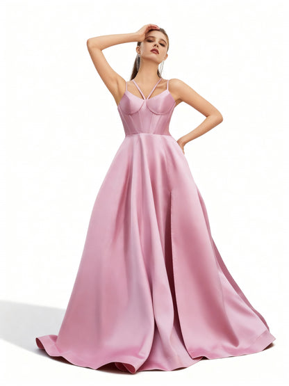 Stalluxe | Rosafarbenes Neckholderkleid mit Schlitz