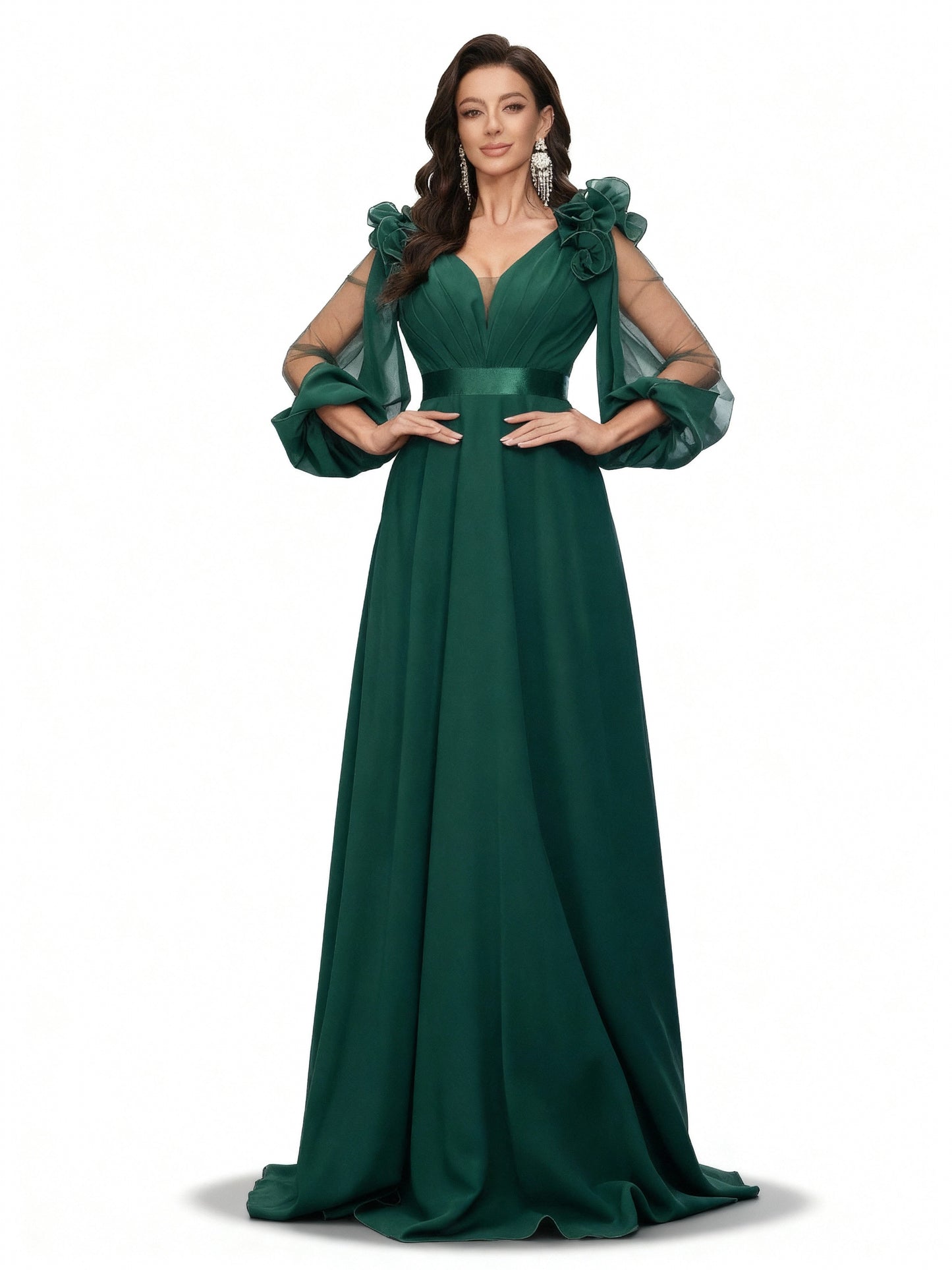 Stalluxe | Dunkelgrünes Chiffonkleid mit Laternenärmeln in Maxilänge