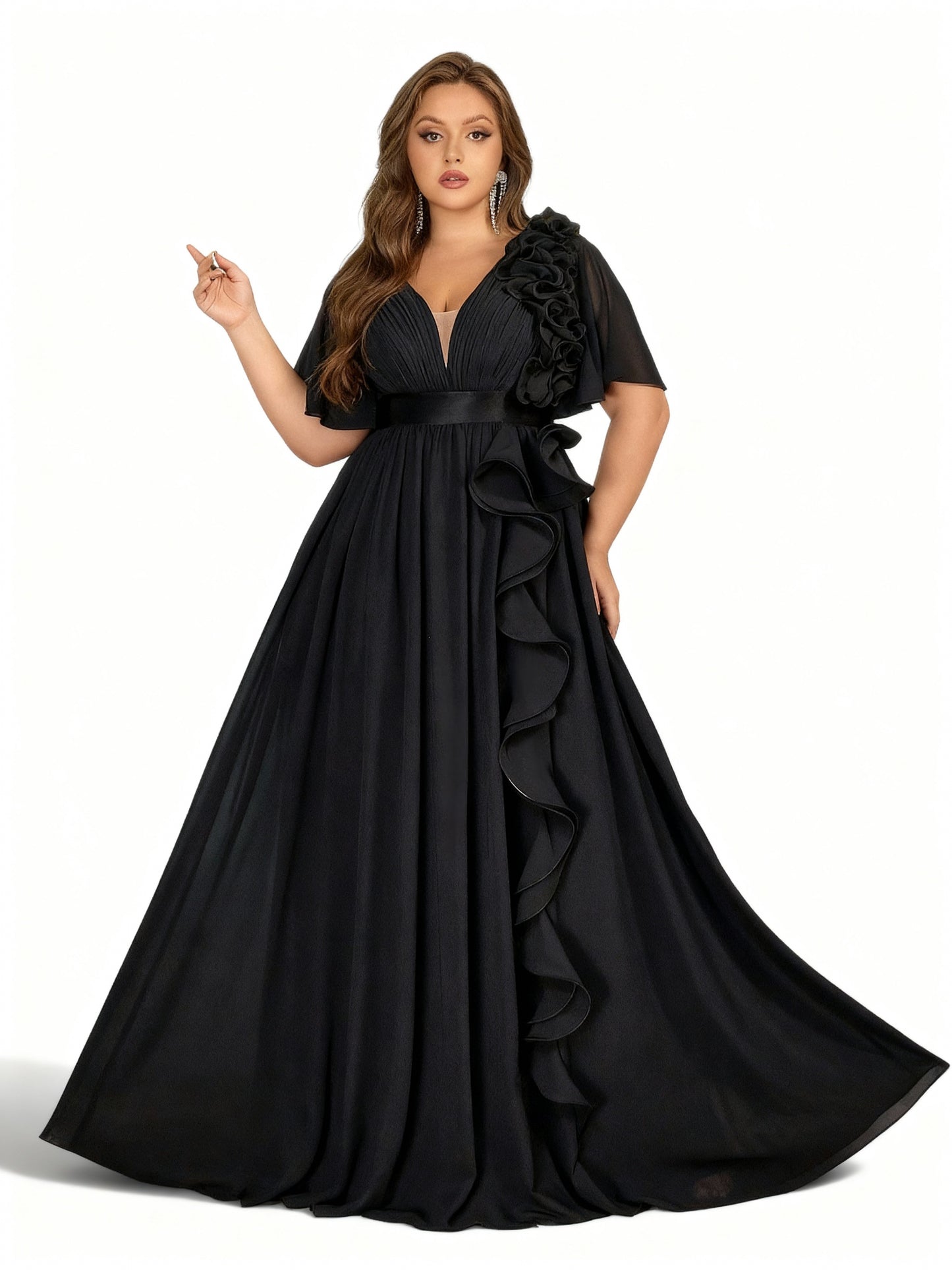 Stalluxe | Formelles Rüschkleid mit V-Ausschnitt in Großen Größen Schwarz