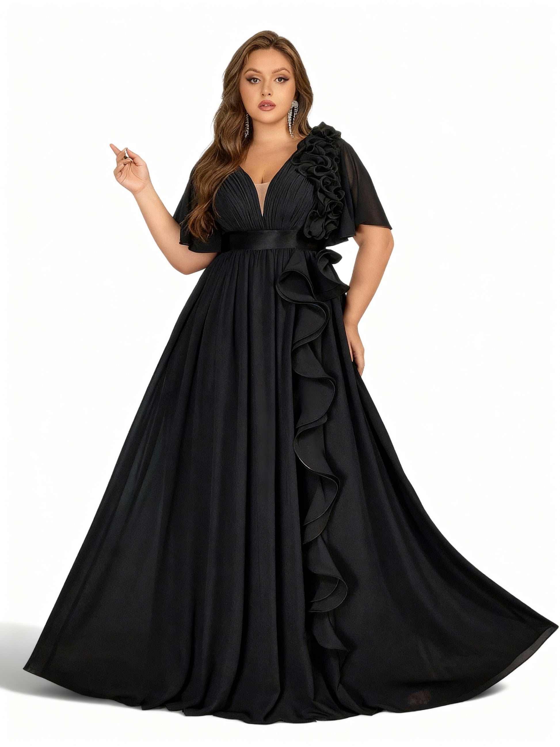 Stalluxe | Formelles Rüschkleid mit V-Ausschnitt in Großen Größen Schwarz